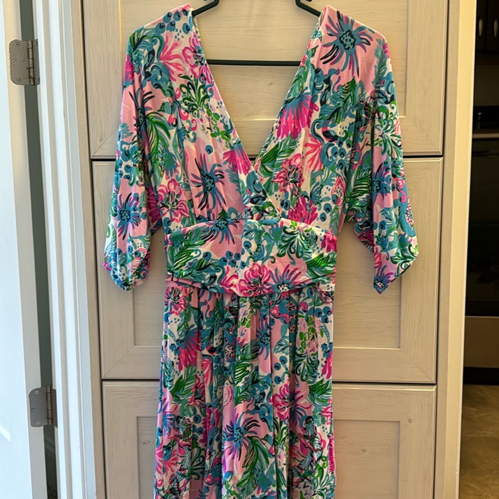 Lilly Pulitzer Pink Floral Wrap Jumpsuit with Green & Blue Botanical Print